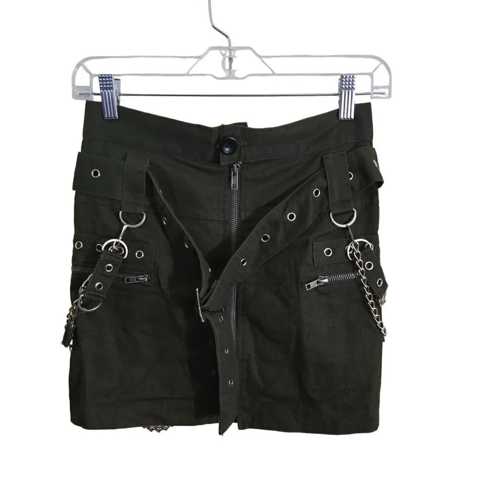 Carmar Los Angeles LF Army Green Goth Punk Emo Chain Embellished Mini Skirt Size